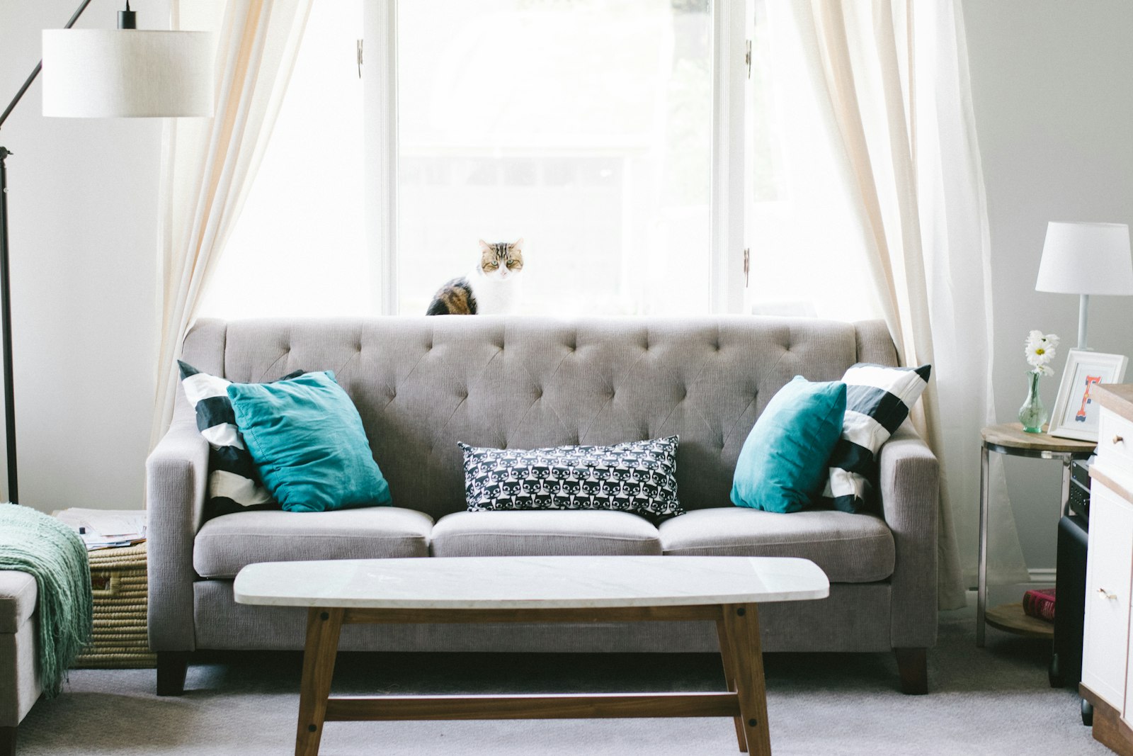 A grey tufted sofa with teal cushions in a bright living room, with a floor lamp and side lamp either side